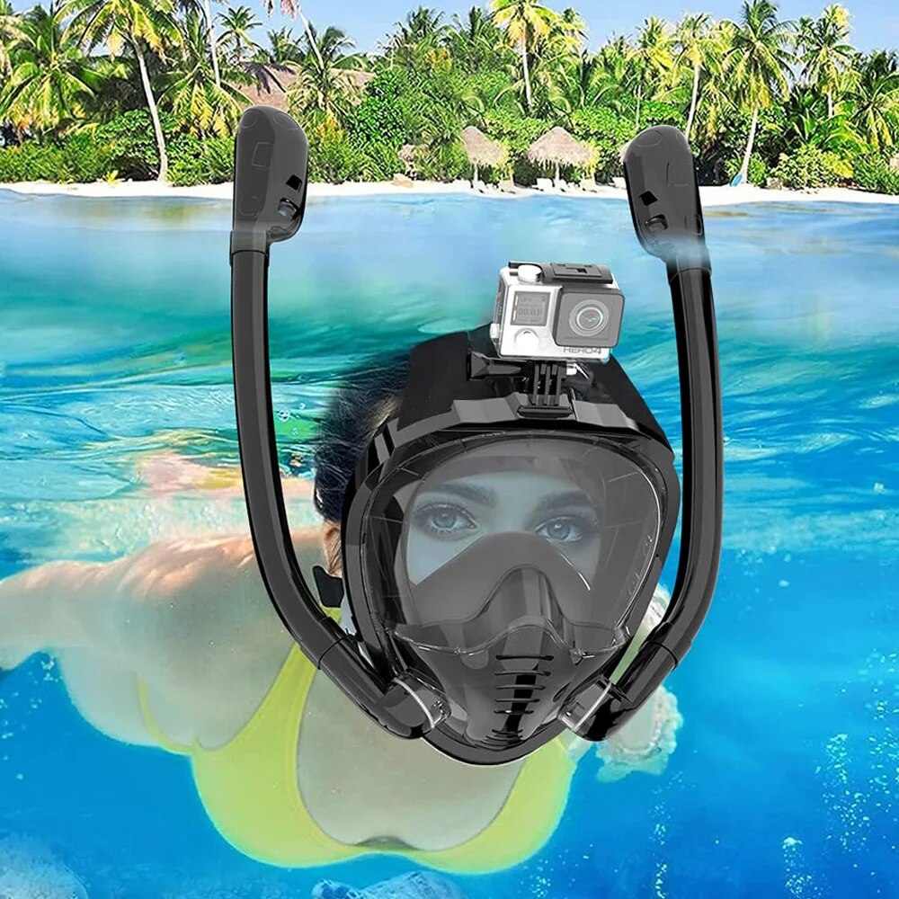 Snorkel Mask Full Face - หน้ากากดำน้ำ seluruh wajah 180 ° แบบพาโนรามาแว่นตาว่ายน้ำซิลิโคนแห้งด้านบนดำน้ำดูปะการังพร้อมสน็อกเกิล2ตัวป้องกันการเกิดฝ้า
