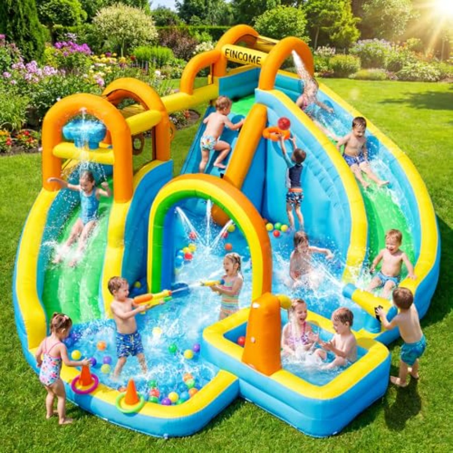 Water Slide Inflatable - สวนสไลเดอร์น้ำเป่าลมกลางแจ้งสำหรับเด็ก: วัสดุ PVC, สีฟ้าและสีเหลือง, สไลเดอร์คู่พร้อมสระน้ำและบาสเกตบอล