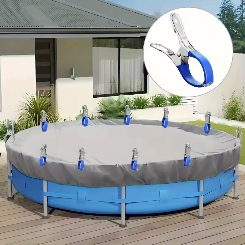 Pool Ladder Above Ground - คลิปหนีบผ้าคลุมสระว่ายน้ำสแตนเลสทนทาน 6 ชิ้น พร้อมด้ามจับพลาสติกสีน้ำเงิน - คลิปสปริงกันลมแบบหนาพิเศษเพื่อความปลอดภัย