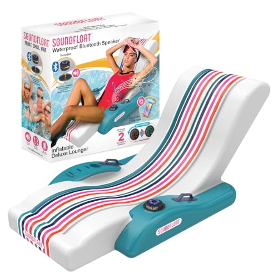 Pool Lounger Inflatable - เก้าอี้ลอยน้ำเป่าลมพร้อมลำโพงบลูทูธกันน้ำ IPX7 และที่วางแก้ว สำหรับผู้ใหญ่/ ที่นอนลอยน้ำระดับพรีเมียม