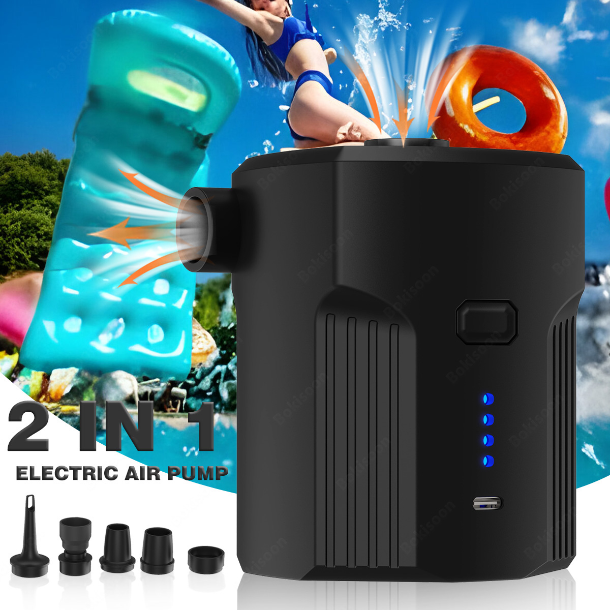 Pool Lounger Inflatable - ปั๊มลมไฟฟ้าแบบพกพาสําหรับ Inflatables 5 หัวฉีดสําหรับตั้งแคมป์กลางแจ้ง,ที่นอนลมเตียง,เรือ,เบาะ,โซฟา,สระว่ายน้ําลอย