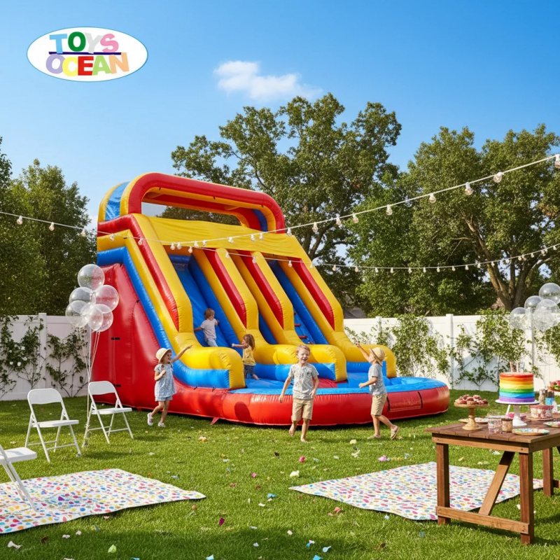 Water Slide Inflatable - สไลเดอร์น้ำเป่าลมสามเลน สีแดง เหลือง น้ำเงิน | สไลเดอร์น้ำเกรดเชิงพาณิชย์พร้อมสระน้ำสำหรับกิจกรรมกลางแจ้งในช่วงฤดูร้อน