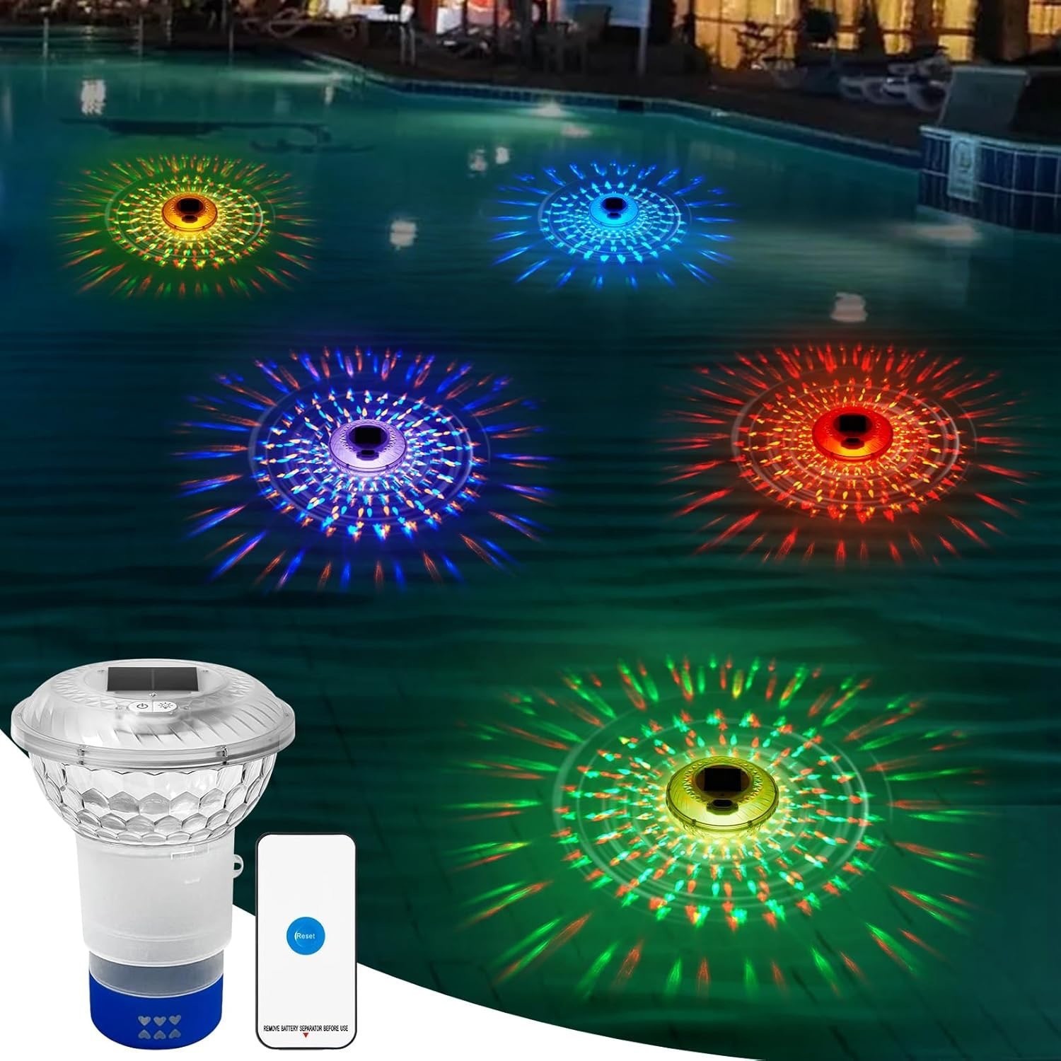 Pool Light Solar Rechargeable - ไฟสระว่ายน้ำแบบชาร์จพลังงานแสงอาทิตย์ ควบคุมระยะไกล ฉายแสงสี RGB โคมไฟลอยน้ำ สำหรับตกแต่งสวนกลางแจ้ง