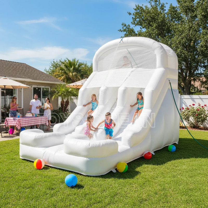 Water Slide Inflatable - สไลเดอร์น้ำเป่าลมสำหรับเด็ก สไลเดอร์คู่สีขาว พร้อมสระน้ำสำหรับเล่นในสวนหลังบ้าน สำหรับงานปาร์ตี้กลางแจ้งในฤดูร้อน ให้เช่า